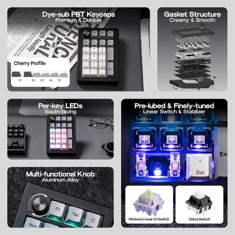 EPOMAKER EK21 VIA Gasket Number Pad with 1000mAh Battery, BT 5.0/2.4GHz/Wired Hot-Swap Numpad with Aluminum Alloy knob, Programmable for Win/Mac/Gaming (Black Silver, Wisteria V2 Switch) - Image 5
